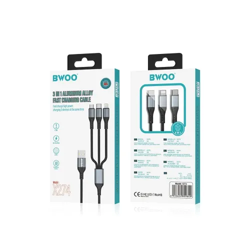 BWOO BO-X274 USB to Type-C/Lighting/Micro USB 3 in 1 Charging Data Cable