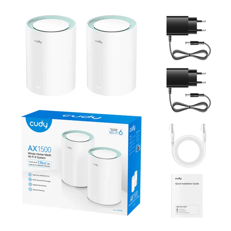 Cudy M1500 AX1500 Mbps Gigabit Dual-Band Mesh Wi-Fi 6 System (2-Pack) Cudy M1500 AX1500 Mbps Gigabit Dual-Band Mesh Wi-Fi 6 System (2-Pack)