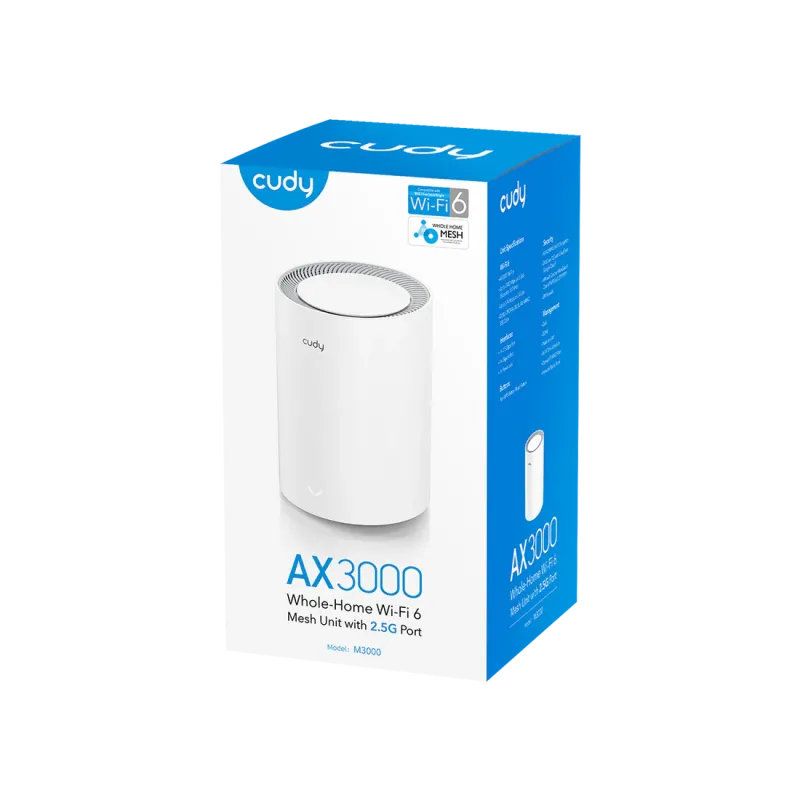 Cudy M3000 AX3000 2.5G Dual Band Wi-Fi 6 Mesh Router White (1 Pack) Cudy M3000 AX3000 2.5G Dual Band Wi-Fi 6 Mesh Router White (1 Pack)