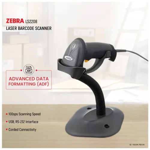 Zebra LS2208 Single Line Laser Barcode Scanner with Stand