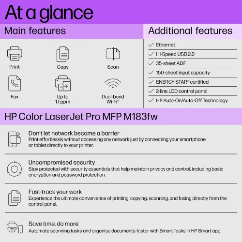 HP Color LaserJet Pro MFP M183fw Multifunction Color Laser Printer