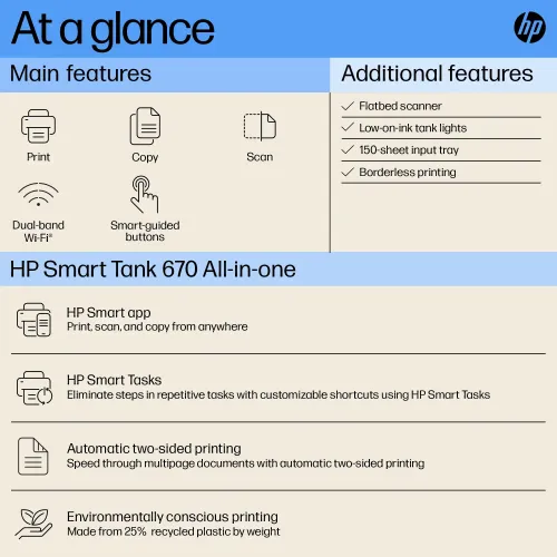 HP Smart Tank 670 Wi-Fi Duplexer All-in-One Color Printer