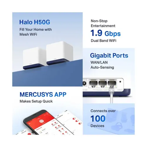 Mercusys HALO H50G AC1900 Mbps Gigabit Dual-Band Wi-Fi 5 Mesh Router (2-Pack)