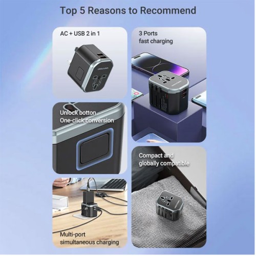 Vention FJCB0 3-Port USB (C + A + A) Universal Travel Adapter (20W/18W/18W) Black Vention FJCB0 3-Port USB (C + A + A) Universal Travel Adapter (20W/18W/18W) Black