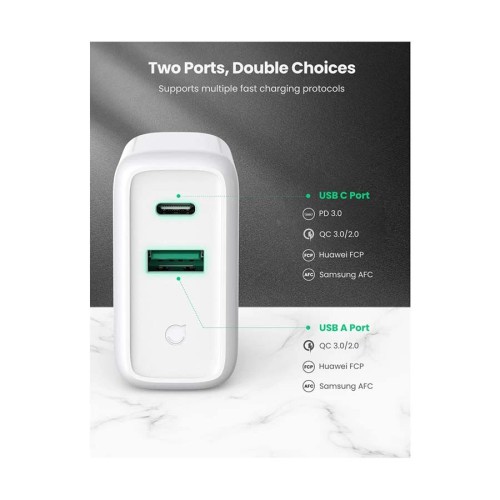 Ugreen CD170 (60468) 38W PD USB & USB-C White Fast Charger #60468 Ugreen CD170 (60468) 38W PD USB & USB-C White Fast Charger #60468