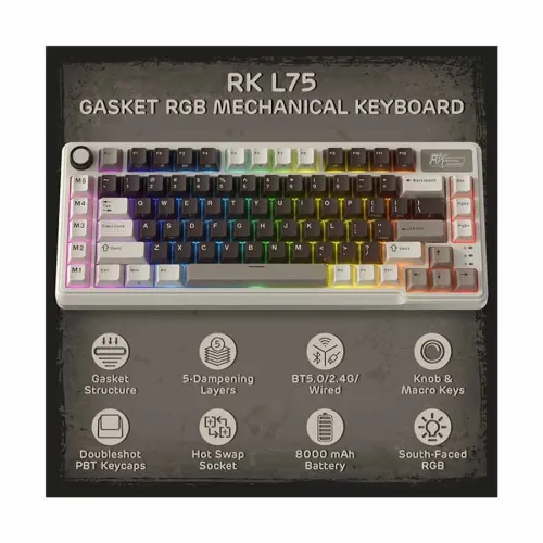 Royal Kludge L75 RGB Tri Mode Hot Swap Mechanical Gaming Keyboard