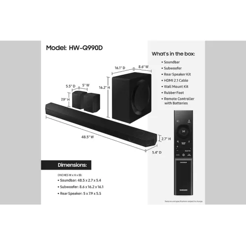 Samsung HW-Q990D 11.1.4ch Bluetooth Dolby Atmos Soundbar with Subwoofer
