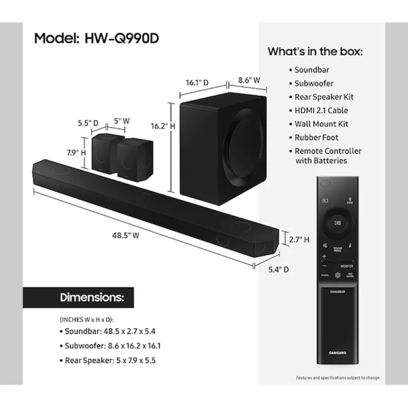 Samsung HW-Q990D 11.1.4ch Bluetooth Dolby Atmos Soundbar with Subwoofer