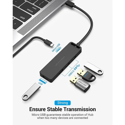 VENTION TGKBD Type-C to 4-Port USB 3.0 Hub with Power Supply - Black VENTION TGKBD Type-C to 4-Port USB 3.0 Hub with Power Supply - Black
