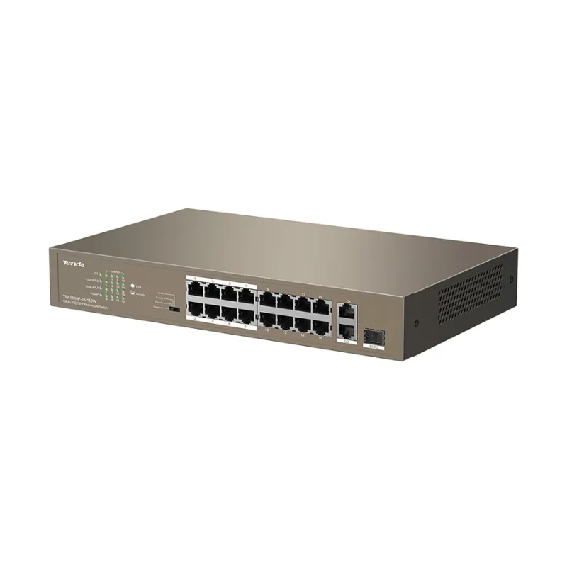 Tenda TEF1118P 19 Port (16 Port 10/100Mbps PoE + 2 Port Gigabit + 1 Port 1000 Base-X SFP) Unmanaged Smart PoE Switch