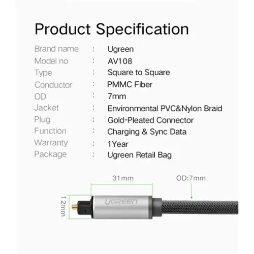 UGREEN AV108 (10542) Toslink Optical Audio Cable - 1.5M
