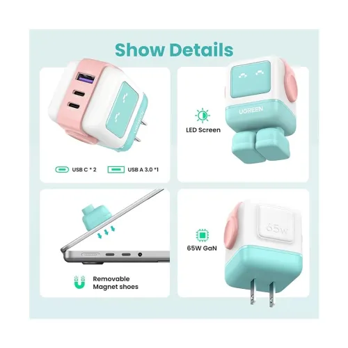 UGREEN Nexode RG CD361 (35856) 65W GaN USB & Dual USB-C Pink Blue Charger