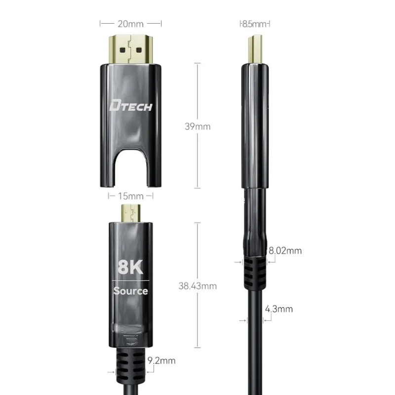 Dtech DT-HF3005 5 Meter Type-D to Type-A Dual Connector Fiber Optic HDMI Cable