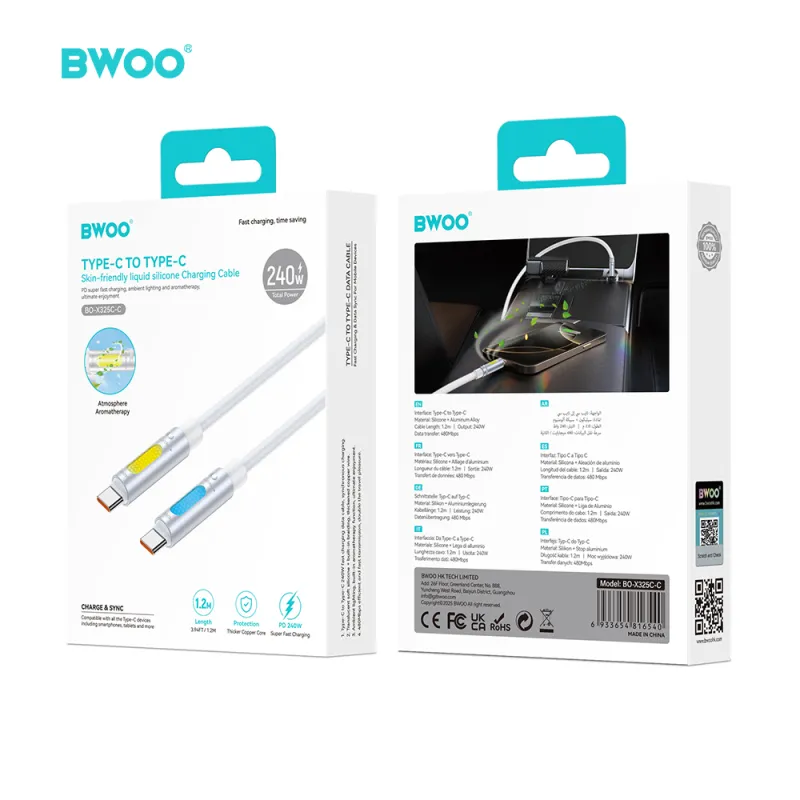 BWOO BO-X325CC USB-C to USB-C 240W 1.2M Aromatherapy Charging Cable with RGB Light BWOO BO-X325CC USB-C to USB-C 240W 1.2M Aromatherapy Charging Cable with RGB Light
