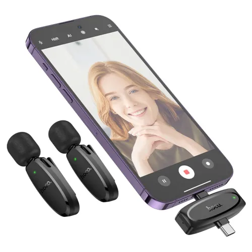 Hoco L15 Type C & Lightning Dual Mic Lavalier Wireless Microphone Black