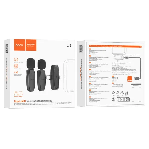 Hoco L15 Type C & Lightning Dual Mic Lavalier Wireless Microphone Black