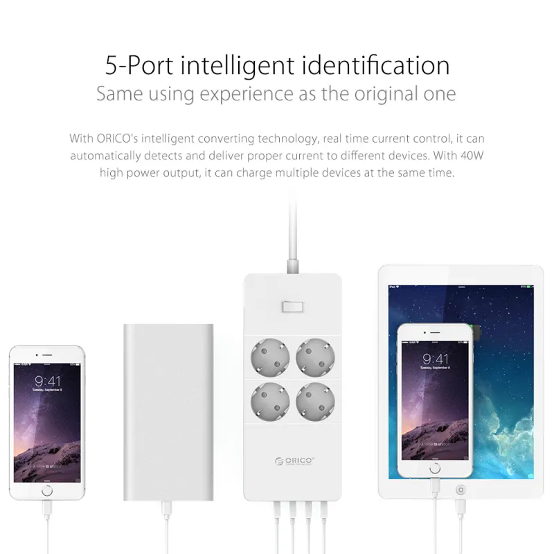 ORICO HPC-4A5U-V1-EU 4 AC Outlet Surge Protector with 5 USB Charging Port Smart Power Strip