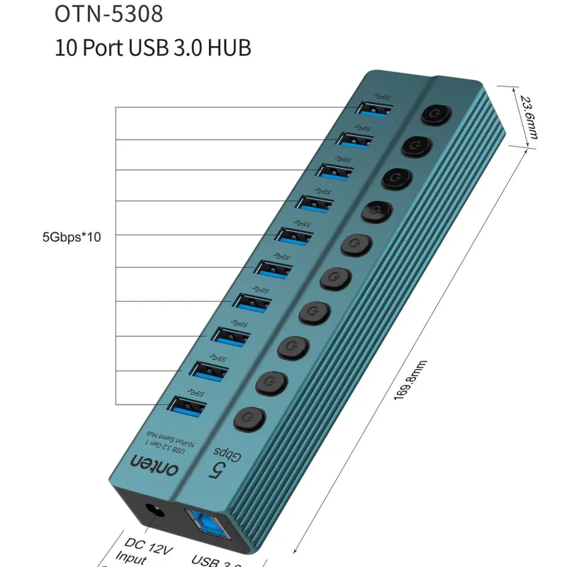 ONTEN OTN-5308 10 Port USB 3.0 HUB With Individual Power Switches