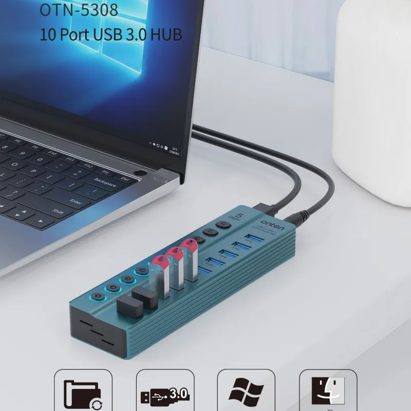 ONTEN OTN-5308 10 Port USB 3.0 HUB With Individual Power Switches