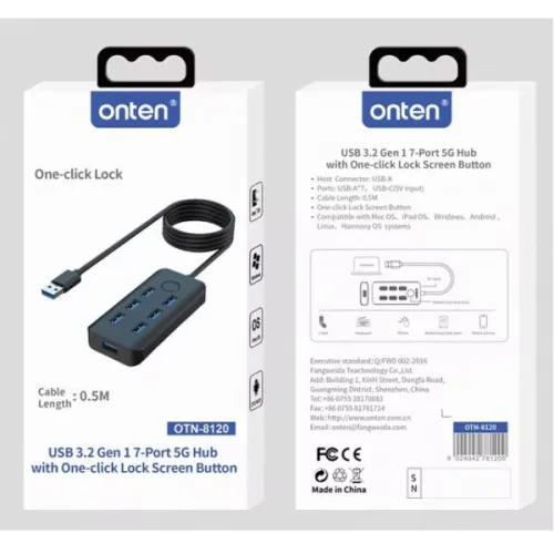 Onten OTN-8120 USB 3.2 Gen 1 7-Port Hub with One-Click Lock Screen Button