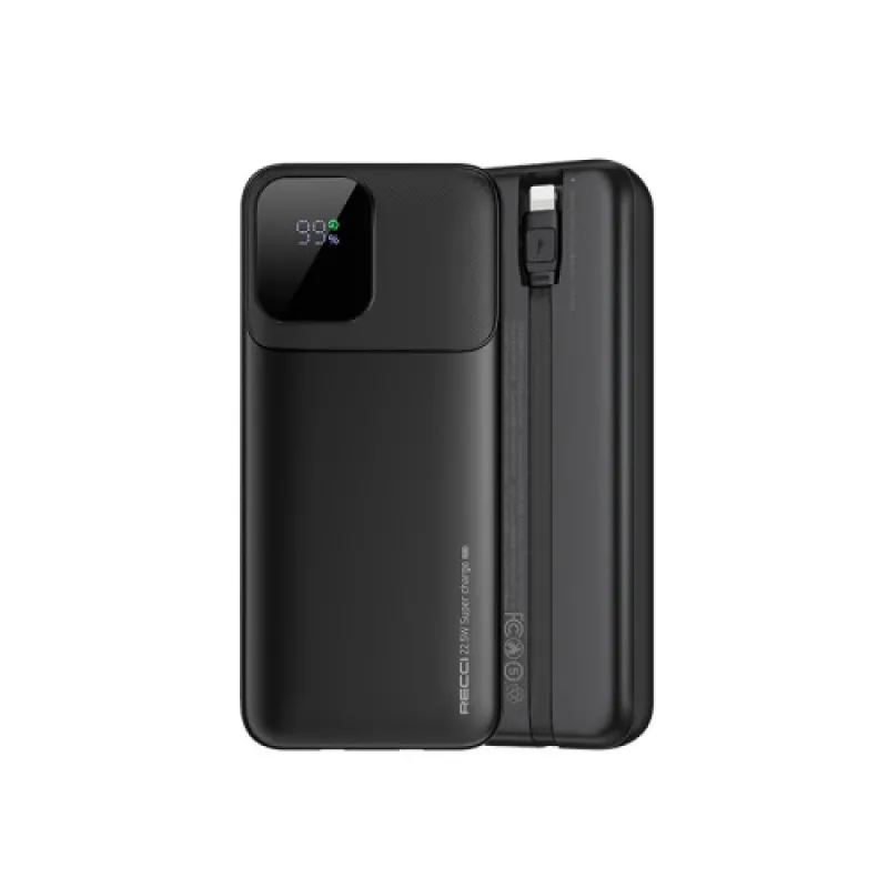Recci RPB-P68 20000mAh 22.5W Fast Charging Power Bank With Built in Lightning & Type C Cable
