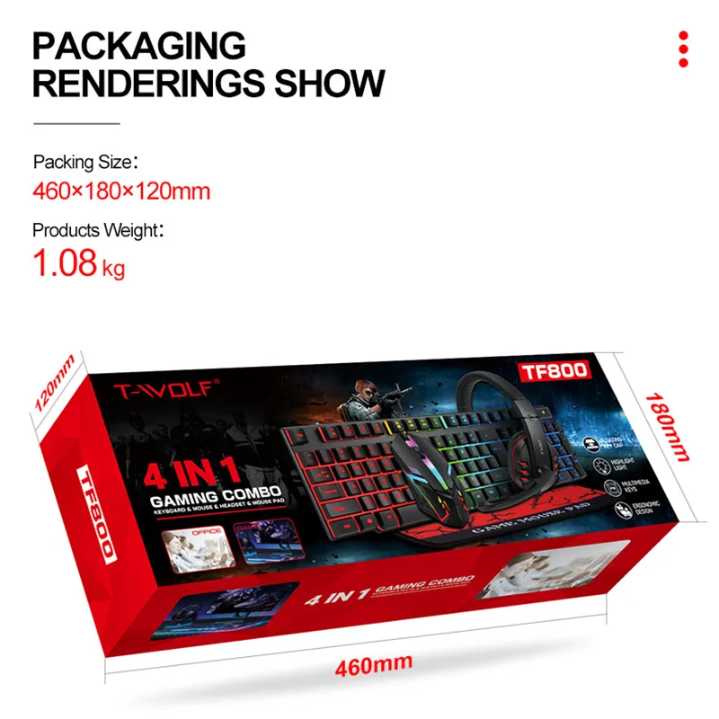 T-WOLF TF800 Wired Gaming Headset Mouse Keyboard And Mousepad 4 In 1 Combo