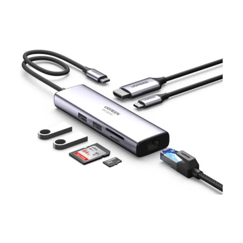 Ugreen CM512 (60515) Type-C Male to Dual USB 3.0, Type-C (PD), HDMI, MicroSD, TF & LAN Female Gray Converter